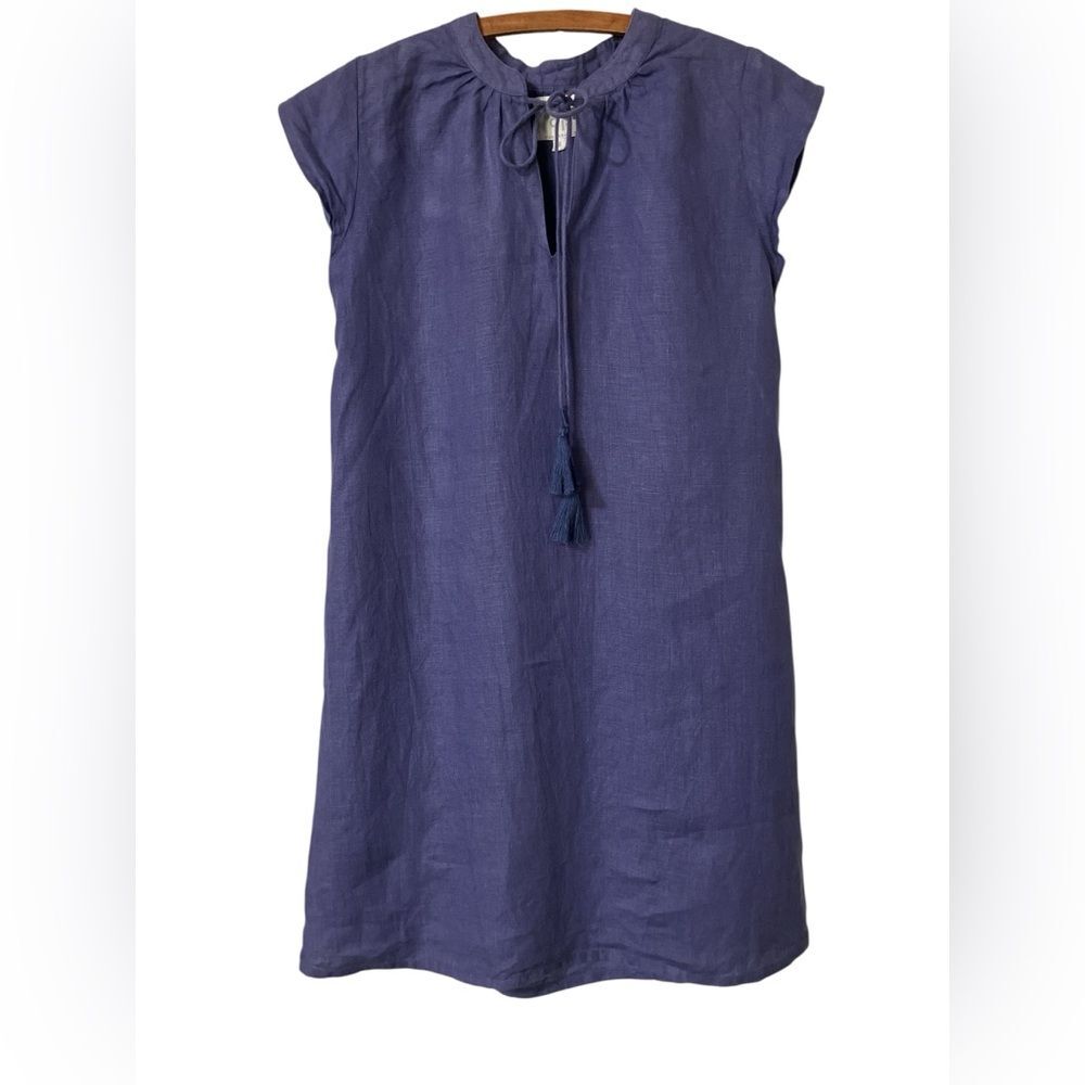 Navy Blue Linen Tie-Neck Shift Dress